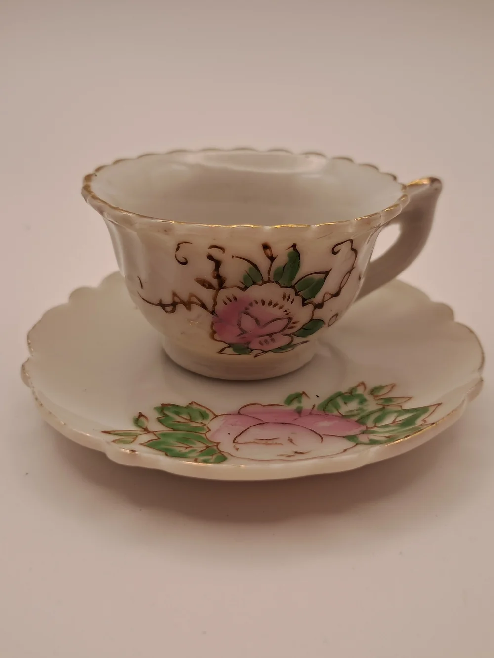Vintage Miniature Teacup Saucer Set Hand Painted Pink Floral Gold Trim Japan